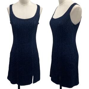 Vintage 90s Y2k Velvet Leopard Denim Mini Dress Fitted Slit Front Blue Black 2/4